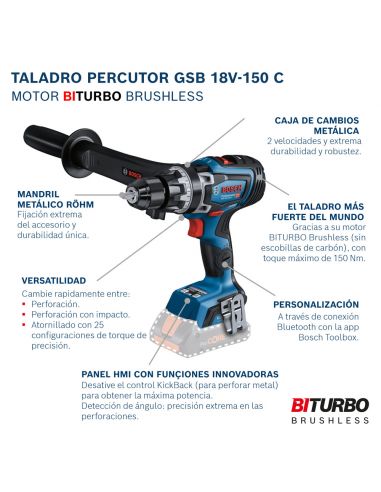 Taladro Percutor 1/2 18V Brushless 50Nm 1 Bat 2.0Ah Bosch GSB 18V-50